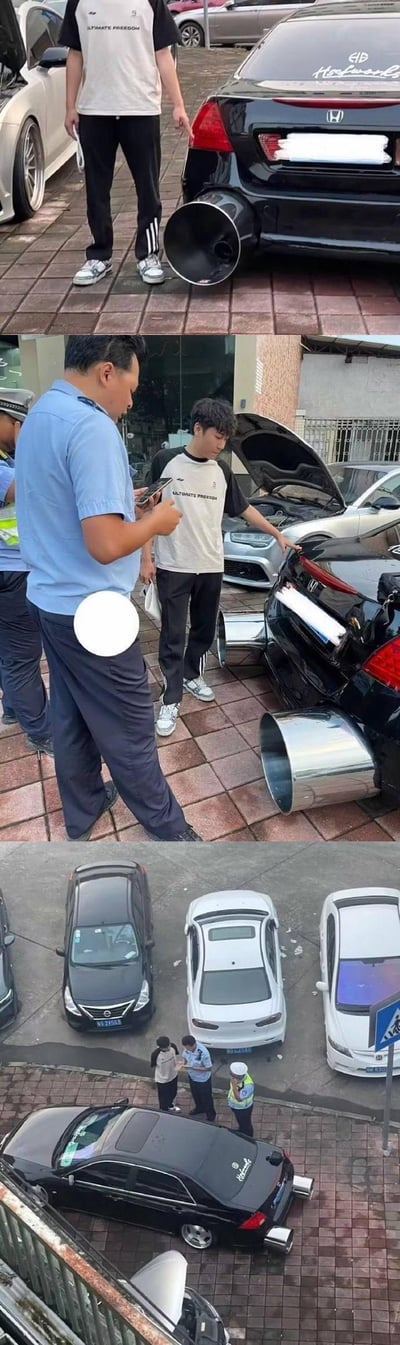 这是一组由三张图组成的连环趣味实拍图，完整呈现了一个搞笑场景：
1. 首图：一名穿着印有「ULTIMATE FREEDOM」字样T恤的男子站在本田改装车旁，车尾装着夸张的超大排气管；
2. 中图：交警到场检查，男子竟在车旁地面放置了一个更大的金属排气管，制造出排气管再次升级的视觉错觉，交警正用手机记录现场；
3. 末图：俯视视角揭晓真相，地上的排气管和车辆本身并无连接，只是利用视觉错位制造的假象，被交警当场识破。
这组图用视觉错位的创意，调侃了改装车爱好者的小聪明被拆穿的尴尬瞬间，充满趣味。