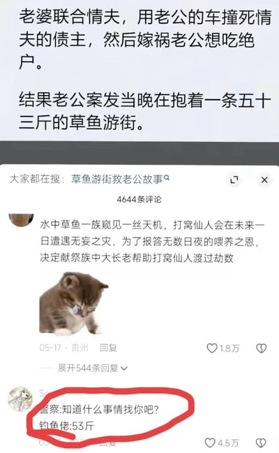 这是一张社交媒体评论区截图，首先上方文字讲述了一则离奇社会新闻：女子联合情夫驾驶丈夫的车辆撞死情夫的债主，意图嫁祸给丈夫以侵吞其家产，不料案发当晚丈夫作为钓鱼爱好者，正抱着自己钓到的53斤重的草鱼在街上巡游展示，拥有完美不在场证明从而洗清嫌疑。下方是该内容的评论区，显示共有4644条评论，第一条热评玩梗将草鱼拟人化，称草鱼一族为了报答钓鱼佬（戏称打窝仙人）长期投喂的恩情，献祭族中长老（即53斤的大草鱼）让钓鱼佬游街获得不在场证明帮其渡劫，还搭配了一张低头小猫的表情包；另有一条获赞4.5万的高赞评论被红色圆圈标注，模拟警方找钓鱼佬了解案情的对话，笑点在于钓鱼佬第一时间想到的是自己的重大渔获而非涉案，极具反差感。