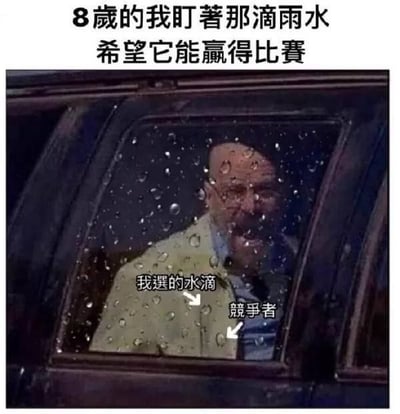 这张图通过在车窗外拍摄的雨滴加上幽默文字，生动还原了许多人童年时期在乘车时看着窗户上的雨滴滑落，并幻想它们比赛暗中加油的小趣味。上方文字“8岁的我盯着那滴雨水，希望它能赢得比赛”点明主题，图中还用箭头标出了“我选的水滴”和“竞争者”，让情境更有代入感。整体氛围轻松幽默，极具共鸣，属于典型的回忆杀生活梗图。

这个meme没有出现明显的双关、谐音梗，但通过夸张化童年心理活动来制造幽默效果。