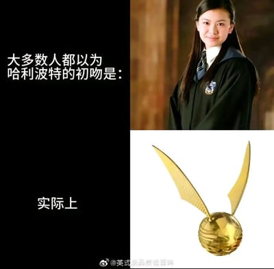 这是一张基于《哈利·波特》系列创作的搞笑梗图，采用上下对比的图文混排形式。上方区域左侧配文“大多数人都以为哈利波特的初吻是：”，右侧是系列作品中与哈利有吻戏的角色秋·张的剧照；下方区域左侧配文“实际上”，右侧是魁地奇比赛中的金色飞贼。该梗图以《哈利·波特与魔法石》中哈利用嘴叼住金色飞贼的情节为依据，调侃哈利的“初吻”给了金色飞贼，通过认知反差制造搞笑效果。
