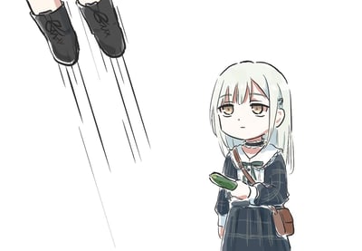 画面右侧是一位浅发色、眼神平淡无波的卡通少女，她身着带有蕾丝领的格纹制服，斜挎棕色小包，手中握着一根黄瓜，静止站立。画面左上角有一双黑色鞋子带着下落的速度线，仿佛正从上方突然掉落至少女附近。整体场景无厘头又荒诞，没有明显的谐音梗或暗示，仅通过莫名的场景组合营造出怪异的趣味感。