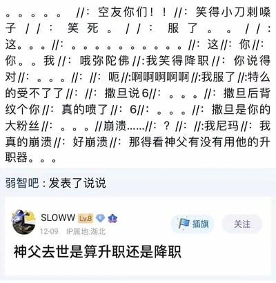 这是一张百度贴吧“弱智吧”的帖子截图，用户SLOWW（IP属地湖北，等级Lv.8）于12月9日发布了一个错位混搭的脑洞提问：“神父去世是算升职还是降职”，将宗教神职人员的离世与职场“升职/降职”的概念荒诞结合。截图上方是大量网友的跟风评论，以//分隔不同发言，内容充满无厘头玩梗与疯癫式吐槽，比如“那得看神父有没有用他的升职器”“撒旦是你的大粉丝”“撒旦后背纹个你”等，整体风格荒诞搞笑，是弱智吧典型的脑洞内容，通过错位概念制造出强烈的喜剧效果。