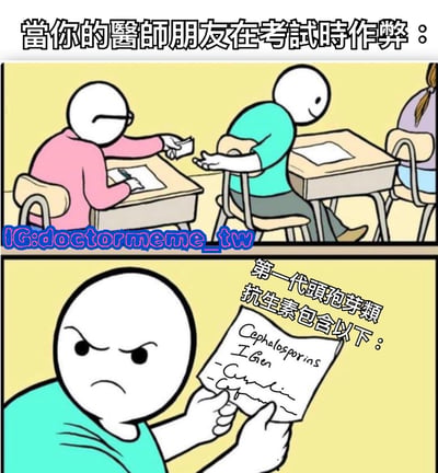 上半部分描绘教室考试场景，穿粉色衣服的人正将一张纸条递给邻座穿蓝绿色衣服的人；下半部分特写穿蓝绿色衣服的人愤怒地注视着纸条，纸条上写有“Cephalosporins IGen - Cefazolin Cefalotin”，旁边配有文字“第一代头孢菌类抗生素包含以下：”。通过夸张的考试作弊情节，幽默调侃医师考试中需记忆的专业抗生素知识。
