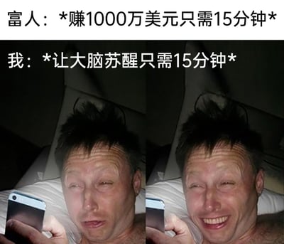 这是一张左右拼接的静态梗图，通过文字和画面的反差制造幽默效果。上方配文分为两部分，富人的15分钟是赚取1000万美元，代表着极高的时间价值；而“我”的15分钟是完成大脑苏醒，代表普通人日常起床的艰难。图中使用了模仿埃隆·马斯克的人像PS图，左侧人物双眼眯起、面部松弛，呈现刚睡醒时迷糊痛苦的状态，右侧人物则咧嘴大笑，呈现大脑苏醒后亢奋的状态，双手均握持手机躺在床上，通过神态的变化直观表现“大脑苏醒”的过程。整幅图以夸张的对比，调侃了富人与普通人之间巨大的时间价值差异，以及普通人日常起床的真实状态，引发共鸣。
