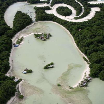 这是一张航拍视角的AI生成景观图，画面中心是一片浅灰绿色的潟湖水域，水域中分布着几座迷你小岛，岛上或临水搭建着小型度假风格的小屋，部分小屋直接建在水上。潟湖被茂密的深绿色树林和浅滩沙地环绕，周边还有蜿蜒的水道与沙质区域，整体呈现出静谧又小众的自然度假氛围，仿佛一处隐秘的水上栖居地。
