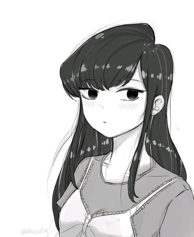 这是一幅黑白数位手绘风格的动漫同人插画，描绘了《古见同学有交流障碍症》中的主角古见硝子。她留着标志性的柔顺长黑发，脸颊晕开淡淡的红晕，眼神低垂看向侧方，露出害羞腼腆、略带局促的神情，身着带有花边装饰的上衣，整体画风细腻柔和，精准还原了角色内向温柔的气质。