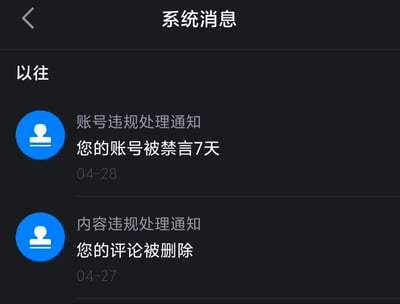 这是某内容社区APP的系统消息页面截图，展示了两条平台违规处理通知：4月27日，用户因内容违规收到「您的评论被删除」的处理通知；4月28日，用户因账号违规收到「您的账号被禁言7天」的处罚通知，呈现了用户连续因违规操作受到平台处罚的情况，无谐音梗、双关或暗示类内容。