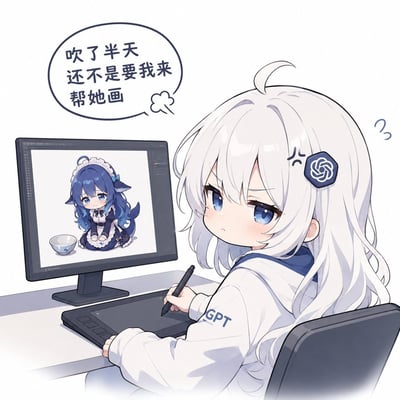 这是一张Q版二次元风格的同人梗图，将ChatGPT拟人化为白发蓝眼的可爱少女，她头发上别着OpenAI标志的六边形发饰，衣服袖子上印有GPT字样，正坐在桌前使用数位板绘画，面前的显示器中呈现的是虚拟主播噶呜·古拉的Q版女仆插画。少女神情不满，旁边的对话气泡吐槽“吹了半天还不是要我来帮她画”，整体画风软萌可爱，是结合了AI工具和虚拟主播的趣味玩梗创作。