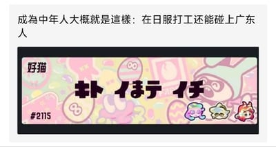 图片上方配有文字'成为中年人大概就是这样：在日服打工还能碰上广东人'，下方为一张色彩鲜艳的图片，包含'好猫'标识、#2175编号、日文文本'朴 イオテ イズ'及多个卡通角色图案，整体通过幽默文字与活泼图像结合，调侃中年生活中跨地域相遇的有趣场景。