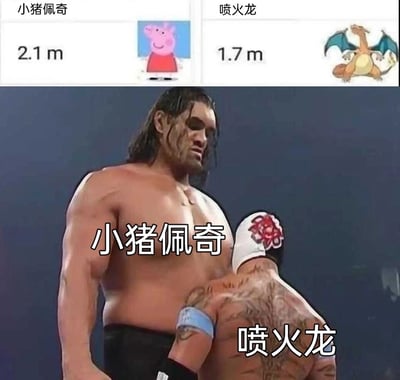 这是一张搞笑二次创作梗图，上方展示了官方设定的身高数据：小猪佩奇身高2.1米，喷火龙身高1.7米；下方则截取WWE职业摔跤赛事中身高差距悬殊的两位选手——巨人卡里与神秘人雷尔的比赛画面，将高个子的巨人卡里标注为“小猪佩奇”，矮个子的神秘人雷尔标注为“喷火龙”，用现实中强烈的身高反差，直观呈现出动画角色设定里的意外身高差，制造出荒诞搞笑的效果，打破大众对两个角色的常规身高认知。