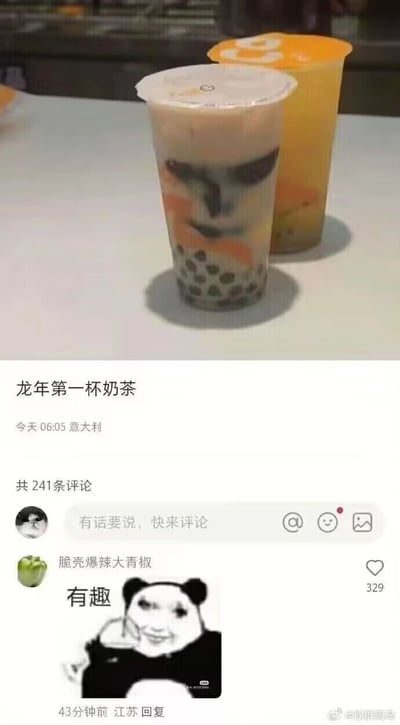 这是一张来自微博平台的社交媒体截图，核心内容是用户发布的“龙年第一杯奶茶”：奶茶杯内的配料组合形成了类似龙的图案，巧妙呼应龙年主题，充满创意。发布信息显示该内容发布于意大利时间今天06:05，累计有241条评论。其中一条来自江苏的用户“脆壳爆辣大青椒”的评论，使用了滑稽的熊猫头表情包配文“有趣”，获得了329个点赞，发布于43分钟前。图片右下角带有微博用户“@你群酱酱”的水印，整体内容结合节日热点打造趣味饮品，引发了网友的互动好评。