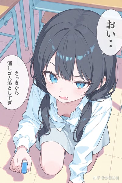 这是一幅AI生成的校园场景插画，画面里扎着双马尾的黑发黑眼女生跪在教室的地面上，正捡起一块蓝色橡皮，她的表情带着烦躁和不满。图中有两个日文对话气泡：女生头顶的气泡写着「喂...」，另一个气泡写着「你从刚才开始就一直在掉橡皮啊」，呈现出校园里同学间的小日常互动，没有双关或谐音梗。