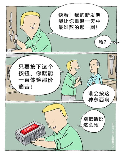 这是一则由三格画面组成的连环卡通漫画，以幽默讽刺的方式吐槽日常痛点。第一格中，金发绿衣男子在摆放着工具的工作台前，兴奋地宣布自己的新发明，称其能让人重温一天里最难熬的时刻；第二格中，他向面露疑惑的秃顶蓝衣男子进一步解释，按下按钮就能持续体验那份痛苦，蓝衣男子对此十分不解，反问“谁会按这种东西啊”；第三格中，金发男子拿出一个显示时间为7:30、带有红色“贪睡按钮”的闹钟设备，笑着回应“别把话说这么死”，揭晓这个看似无意义的发明其实就是人们每天都会忍不住按下的闹钟贪睡按钮——明知按下后会面临起床后赶时间的痛苦，却还是控制不住自己，精准戳中了很多人的日常行为。