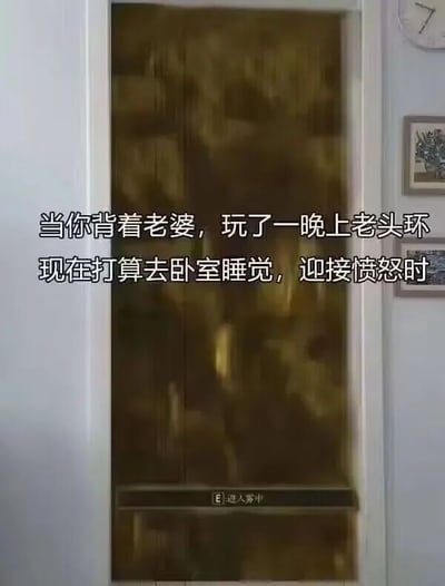 图片展示了一扇紧闭的木门，门上无明显装饰。图片左侧叠加文字：'当你背着老婆，玩了一晚上老头环 现在打算去卧室睡觉，迎接愤怒时'。场景幽默描绘了玩家因通宵游玩《艾尔登法环》（俗称'老头环'）未告知配偶，即将面对伴侣怒火的紧张心虚状态。木门象征着即将到来的'审判'，整体营造出既搞笑又略带尴尬的氛围。