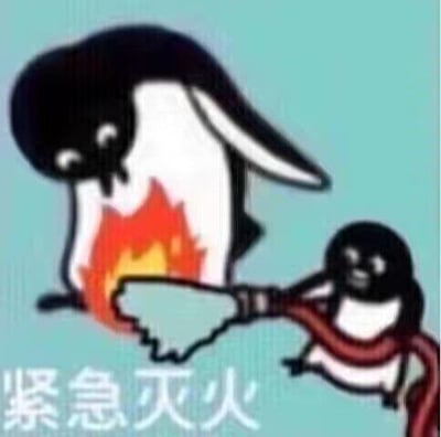 图中呈现了两只卡通风格的企鹅，一只企鹅的腹部位置燃起火焰，它身体前倾，神态慌张；另一只企鹅手持灭火器，正对着火焰进行喷射。画面下方配有文字“紧急灭火”，用夸张的卡通场景，生动表现出需要立刻采取措施补救失误、化解尴尬的状态，整体风格搞笑诙谐，适合在社交聊天中用来表达想要补救状况的心情。