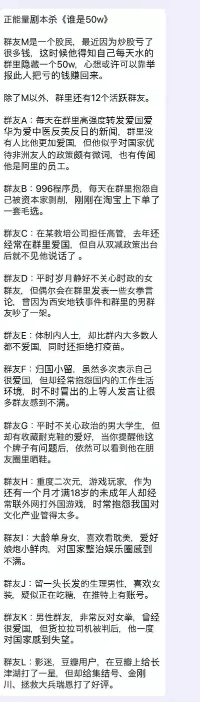 这是一个名为《谁是50w》的原创剧本杀设定，故事背景为股民群友M因炒股亏损，想要通过举报群内隐藏的目标人物来挽回损失。文本中塑造了12位具有不同职业、立场与行为特征的群友角色，这些角色的设定关联了996工作制、双减政策、性别争议、防疫态度、影视评价等多个当下社会热点话题，每个角色都带有鲜明的标签化特征，为剧本杀的推理环节提供了丰富的线索与讨论空间，整体以文字形式呈现，适合作为多人推理游戏的素材。