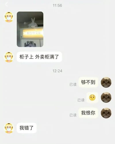 这是一段外卖骑手与用户的聊天记录：骑手因外卖柜满了，将外卖放在了外卖柜的柜子顶上，并告知用户；用户回复自己够不到，接着发送了笑脸表情和“我恨你”来表达小委屈，骑手立刻回复“我错了”。整个对话充满了日常的小无奈与搞笑感，没有双关或谐音梗。
