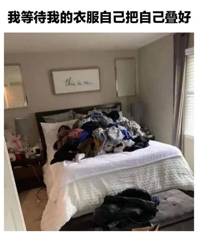 图片展示了一间卧室的场景，床上堆满了各种颜色和款式的未叠衣服，显得十分凌乱。图片顶部配有文字“我等待我的衣服自己把自己叠好”，以幽默的方式表达了对繁琐家务（尤其是叠衣服）的抗拒和拖延心态，反映了许多人面对家务时的摆烂情绪。