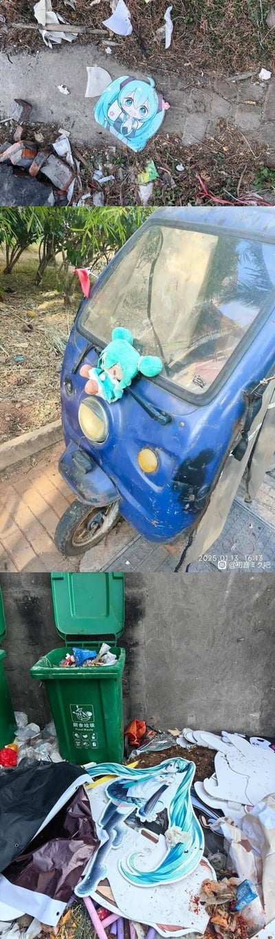 这是一组由三张实拍照片拼接而成的竖图，展示了三处被丢弃或随意放置的初音未来相关周边：
1. 第一张图中，初音未来的Q版异形立牌被扔在满是碎石、枯叶和纸屑的地面上；
2. 第二张图里，一个初音未来的毛绒玩偶被放在一辆破旧的蓝色三轮车车头，车辆外观脏污，显得格格不入；
3. 第三张图中，初音未来的等身大立牌被丢弃在厨余垃圾桶旁的垃圾堆中，立牌上沾有污渍，周围混杂着各类生活垃圾，处境狼狈。这些画面让初音未来的粉丝感到心疼，充满了无奈感。