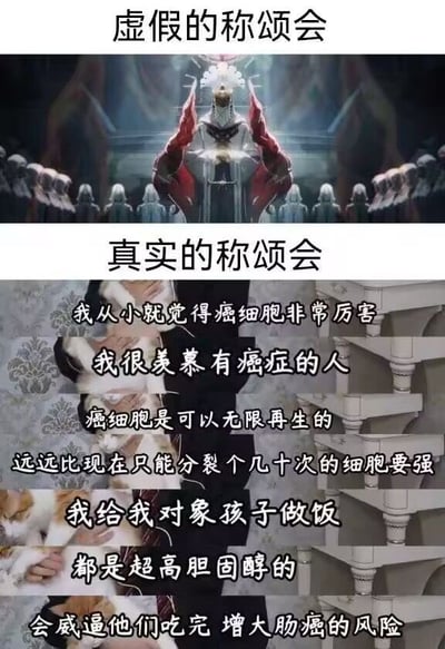 本图片通过“虚假的称颂会”和“真实的称颂会”的上下分栏梗，对比了幻想中的神圣仪式和现实中生活化、离谱的自夸段子。上半部分画面庄严隆重，下半部分是猫与生活吐槽的段落，形成幽默反差，自嘲现实生活的荒诞。结尾文字还用“高胆固醇做饭致癌”作自嘲，体现网络幽默。
