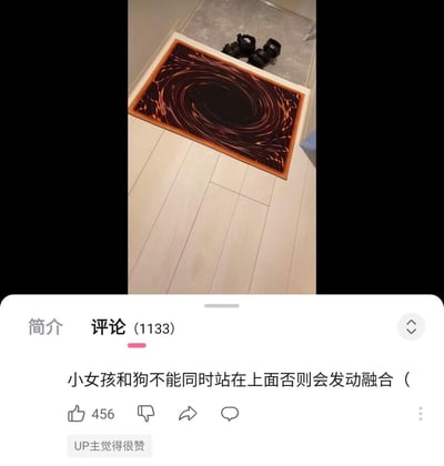 一张社交媒体截图，展示了一个房间的地面，中央有一块印有黑色漩涡图案的地毯，类似黑洞效果。地毯旁边放着一双黑色凉鞋。截图下方显示评论区，有一条热门评论写着：'小女孩和狗不能同时站在上面否则会发动融合'，获得了456个点赞，并有'UP主觉得很赞'的标识。