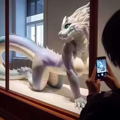 画面呈现了一个充满奇幻感的视觉错位场景：一名拍摄者正举着手机对着橱窗拍照，橱窗内是一只造型梦幻的渐变鳞片巨龙，淡紫与米白交织的鳞片质感细腻，绿色的眼睛温和地看向镜头，趴卧在橱窗的展示台内。但拍摄者手机屏幕里显示的画面却与眼前的巨龙完全不同，形成了强烈的视觉反差，营造出打破现实边界的趣味效果，这是一张AI生成的创意图像。