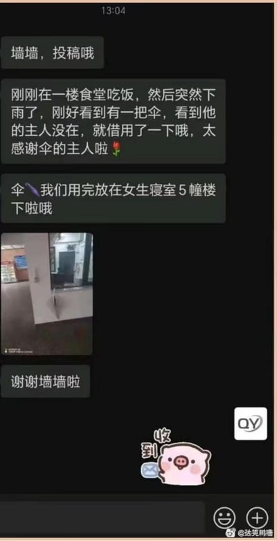 这是一段学生投稿给校园墙的聊天记录截图：投稿人在学校一楼食堂用餐时突遇降雨，看到一把主人不在场的雨伞，便临时借用。之后投稿人联系校园墙，告知伞主雨伞已归还至女生寝室5幢楼下，同时附上了雨伞的照片，表达对伞主的感谢。校园墙则回复了一个带有“收到”字样的小猪表情包。整个场景是校园里的暖心互助小事，没有双关、谐音梗或暗示内容。