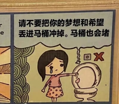 这是一张卡通风格的励志插画，画面中有一个黑发卡通女孩，穿着粉色上衣和波点短裙，正流着眼泪指向一个马桶。马桶旁有一个红色'X'标记，暗示堵塞。上方配有文字：'请不要把你的梦想和希望丢进马桶冲掉。马桶也会堵'，通过幽默的比喻鼓励人们不要放弃梦想。背景有波浪形花纹，整体风格可爱温馨。