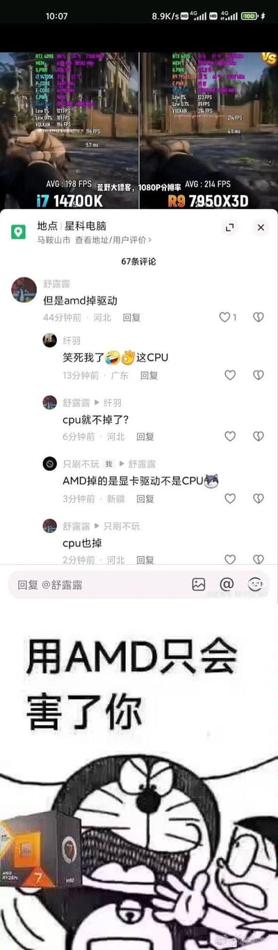 图片上半部分为左右对比图，左侧展示Intel i7-14700K CPU运行游戏时平均帧率199 FPS，右侧为AMD R9 7950X3D平均帧率仅24 FPS。中间是网友评论区，用户“舒露露”发起关于AMD CPU的讨论，评论包括“amd掉驱动”“AMD掉的是显卡驱不动CPU😂”等调侃内容。底部是哆啦A梦卡通形象配文“用AMD只会害了你”，整体呈现电脑硬件用户对AMD和Intel CPU性能的幽默争论。