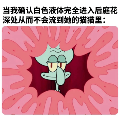 这是一张图文结合的网络恶搞表情包，上方配有低俗性暗示的中文文字“当我确认白色液体完全进入后庭花深处从而不会流到她的猫猫里：”，下方截取了美国动画《海绵宝宝》中的角色章鱼哥的画面，章鱼哥眼神半眯，嘴角上扬，表情呈现出放松又略带得意的神态，被粉色类似液体的图案环绕。该内容通过将动画角色画面与低俗暗示文字结合，制造恶趣味的玩笑效果，属于对动画素材的二次创作内容。