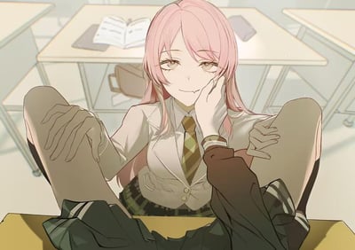 Anime-style illustration of a pink-haired schoolgirl sitting in a classroom. She has a relaxed, slightly mischievous expression with one hand resting on her cheek. She's wearing a white blazer, green plaid tie, and matching skirt. The classroom setting includes desks with open books and notebooks visible in the background.