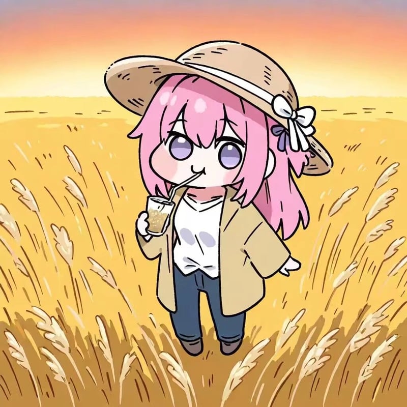 Doro在麦田喝饮料的卡通插画