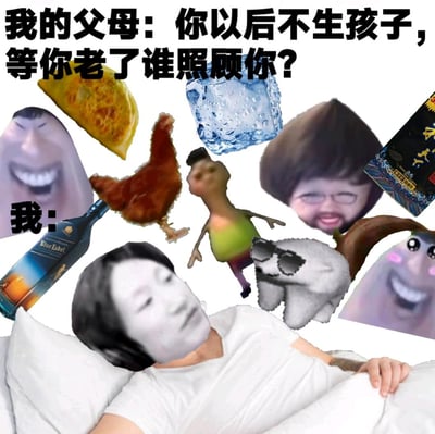 这是一张玩梗拼贴表情包，上方是父母的灵魂拷问：“你以后不生孩子，等你老了谁照顾你？”，下方标注“我：”，并拼合了一堆网络热门表情包（如魔性大脸、墨镜羊驼、绿衣小怪人等）、尊尼获加蓝牌酒、烤鸡、冰块、烟酒等元素，搭配躺平敷面膜的人物形象，用荒诞搞笑的方式回应催生话题，表达自己选择不生孩子，靠这些“快乐元素”养老的摆烂心态，消解传统养老观念带来的焦虑。