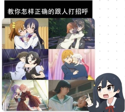 这是一张以“教你怎样正确的跟人打招呼”为标题的搞笑动漫梗图，采用多图拼接的形式。上方黑色背景区域有白色标题文字，下方是2×3网格排列的六张动画截图，每张图中均为两名女性动漫角色在不同场景（如教室、楼梯、走廊等）热情拥抱，右侧单独配有一个黑长发动漫女孩，她睁大眼睛、嘴角上扬，右手食指向上指，表情兴奋。图片通过夸张展示动漫中亲昵的拥抱场景来调侃“正确打招呼方式”，形成幽默反差。