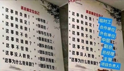 这是一张左右对比的梗图，左侧是常见的职场PUA标语，将员工的不同话术对应到“领导者”“顶梁柱”“团队寄生虫”等正负向定位，试图给员工灌输职场“正确”心态；右侧是网友的反向玩梗创作，通过蓝色标注将原本被定义为负面的话术对应到“临时工”“合作单位”“总经理”“项目负责人”等职场角色，形成强烈反差，讽刺了现实职场中管理层推诿责任、甩锅，而基层、外包人员承担大量工作的不合理现象，精准戳中打工人的职场痛点。
无相关双关、谐音梗或暗示内容。