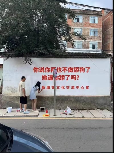 街头场景中，一面白色文化墙前站着一男一女两人，女子身着浅蓝色连衣裙正俯身用红色颜料在墙上书写标语，男子穿米色T恤黑短裤在旁观看。墙面上红色大字醒目写着：“你说你再也不做舔狗了 她逼你舔了吗？”，下方小字标注“新塘镇文化交流中心宣”。地面散落着白色水桶、红色颜料罐、毛刷等绘画工具，背景是枝繁叶茂的大树和红砖居民楼。标语用网络流行词“舔狗”（指无底线讨好他人的人）制造反差幽默，官方宣传口吻与犀利吐槽内容形成强烈对比，引发对情感关系中个人选择的调侃。