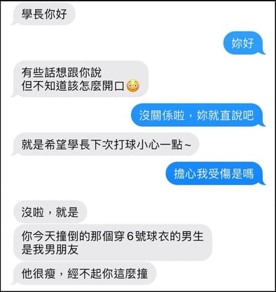 一张聊天记录截图，展示学妹与学长的对话。学妹先是礼貌问候并表示有话想说但不知如何开口，附带一个犹豫的表情符号😥；学长鼓励她直说后，学妹解释并非担心学长受伤，而是提醒学长下次打球小心，因为今天撞倒的穿6号球衣的男生是她男朋友，且他很瘦经不起撞。对话通过灰色（学妹）和蓝色（学长）气泡区分双方，营造出一种先抑后扬的幽默效果，结尾的转折带来意外笑点。