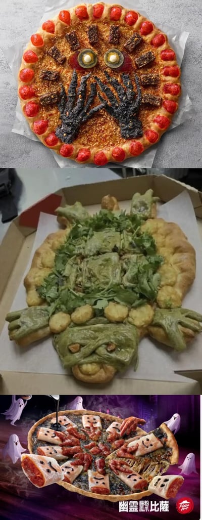 三张创意十足的万圣节主题披萨设计，展现了食物艺术的搞怪创意。第一张披萨呈圆形，边缘用红色小番茄排列，中间用橄榄和其他配料制作出类似幽灵脸的造型，有两只大眼睛和黑色的手捂住脸的图案；第二张披萨设计成怪物形状，绿色的身体和四肢，中间铺满绿色蔬菜；第三张披萨以黑色为底色，上面摆放着类似木乃伊造型的小卷，周围有幽灵图案装饰，底部有"幽灵骷髅比萨"字样。