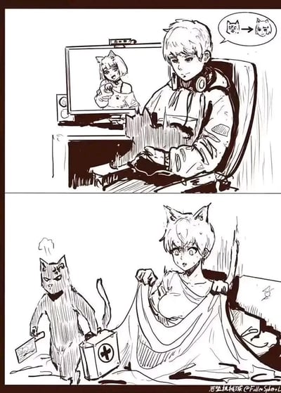 这是一幅两格黑白漫画。上格中，一个人坐在电脑前，屏幕上显示着一个猫娘角色，他的思想泡泡中想着从猫变成猫娘的过程。下格中，这个人自己长出了猫耳，正用毯子遮掩身体，而一个带着急救箱和文件的猫形生物正走向他。