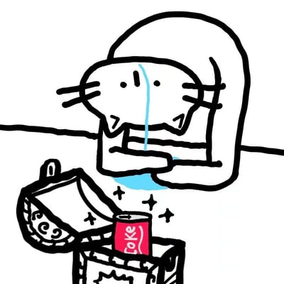 一张简笔画，描绘了一只头部较大的猫咪，眼睛下方流出蓝色的眼泪，正伸出爪子从一个打开的袋子里拿取一罐红色的可乐（罐身上有白色的'Coke'字样）。猫咪表情悲伤，整体画风简洁可爱，线条简单，色彩以黑白为主，仅眼泪和可乐罐有蓝色和红色点缀。