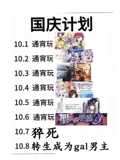 一张幽默的国庆假期计划表，从10月1日到10月6日连续安排'通宵玩'，每天右侧配有不同的动漫游戏相关图片，10月7日标注'猝死'，10月8日则写着'转生成为gal男主'，形成搞笑的反差效果。