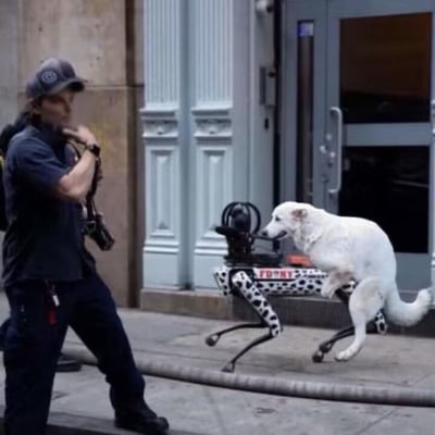 这张实拍图拍摄于城市临街建筑门口的人行道上，左侧站着一名身着消防制服、佩戴帽子的消防员，他正看向画面右侧。画面右侧是一台印有黑白斑点图案、带有FDNY（纽约消防局）标识的消防用四足机器狗，一只白色的宠物狗正骑在这台机器狗的背部，仿佛正在被机器狗驮着向前走，场景荒诞又充满趣味性，极具反差感。