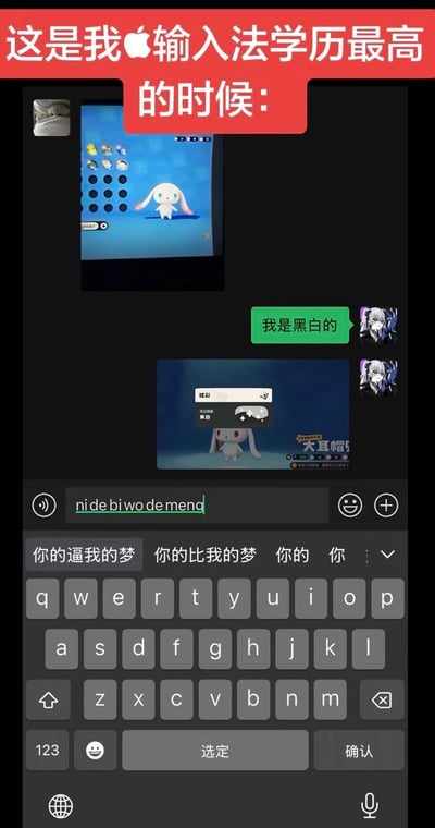 这是一张竖屏手机聊天界面截图，顶部红色背景配白色文字标注“这是我苹果输入法学历最高的时候：”，主体内容为聊天界面，聊天中用户发送了文字“我是黑白的”，以及一张将宝可梦风格大耳狗改名为“大耳帽”玩谐音梗的截图，下方展示苹果输入法输入界面：用户输入拼音“nide bi wo de meng”，输入法给出的第一个联想候选为低俗内容“你的逼我的梦”，作者用“学历最高”反讽调侃苹果输入法的联想机制会自动联想出这类离谱低俗内容，形成趣味玩梗效果。