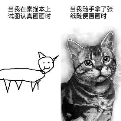 图片为左右对比结构，左侧上方文字为“当我在素描本上试图认真画画时”，下方是一幅极其简单的简笔画猫，线条粗糙，形似不规则的椭圆形身体搭配三角形耳朵和几根线条组成的腿，面部只有两个点和一条线构成的简单表情；右侧上方文字为“当我随手拿了张纸随便画画时”，下方则是一幅细节丰富、明暗对比强烈的写实猫素描，猫的毛发纹理、眼神和胡须都刻画得非常逼真。通过这种强烈的反差，幽默地展现了人们在不同心态下绘画水平的巨大差异。