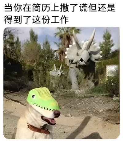 图片上方有文字“当你在简历上撒了谎但还是得到了这份工作”，下方是一只戴着绿色恐龙头套的狗站在户外，背景中有一个大型三角龙雕像。狗狗表情看起来很开心，似乎在得意地笑，与文字内容形成幽默对比，暗示虽然简历造假但成功入职后的侥幸心理。