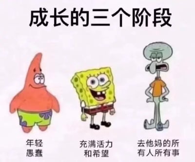 这是一张调侃成长心态变化的梗图，顶部标注标题“成长的三个阶段”，从左到右依次选用《海绵宝宝》中的三个角色对应不同的成长心态：左侧是派大星，配文“年轻 愚蠢”，对应人年少时懵懂懵懂的状态；中间是笑容灿烂的海绵宝宝，配文“充满活力和希望”，对应人在青年阶段对生活抱有期待、充满干劲的状态；右侧是满脸不耐烦的章鱼哥，配文“去他妈的所有人所有事”，对应人经历了生活打磨后逐渐倦怠、对周遭人事感到烦躁的佛系躺平心态，用卡通角色的特征精准戳中当代人的情绪共鸣，多用于调侃生活、职场带来的压力变化。