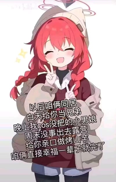 这是一张二次元梗图，图中是游戏《蔚蓝档案》里的角色枣伊吕波，她有着红色双麻花辫，戴着帽子，开心地比出双V手势。图中配文以俏皮的语气描绘了一种充满反差感的理想同居生活：白天以兄弟身份相处，晚上cos无性别特征的小男娘，周末一起外出露营、亲手做烤山芋，宣称要和对方幸福一辈子。文案结合了兄弟间的自在、二次元cos的趣味与温馨的日常细节，戳中了不少人对轻松又有情趣的亲密关系的向往。