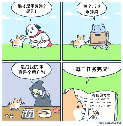 这是一组四格卡通治愈漫画，主角是一只可爱的柴犬。第一格中，披着红披风的白狗狗笑着抚摸柴犬，夸赞它是乖狗狗；第二格中，躲在纸箱里的蓝猫猫和柴犬握手，同样夸赞它是乖狗狗；第三格中，柴犬给女巫递了一朵小花，女巫开心地接过并夸赞它；第四格中，柴犬看着自己标注“得到的夸夸”的任务本，本子上已经画满了记录的正字，它开心地表示“每日任务完成！”。整个漫画风格轻松软萌，通过柴犬为了完成“收集夸赞”的每日任务的小故事，传递出简单的温暖和趣味，展现了小动物的可爱日常。