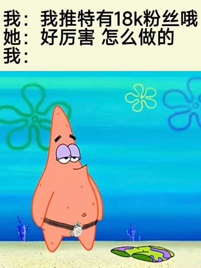 这是一张网络搞笑梗图，采用顶部配文底部配图的形式。顶部文字为对话内容：发言者先炫耀自己在推特（X平台）有18000粉丝，对方询问是如何做到的，轮到发言者回答时没有配文字，转而用下方经过修改的《海绵宝宝》动画截图来给出答案：截图中的派大星裤子脱在脚边的沙滩上，腰部被额外P了一个淋浴喷头装置，表情带点心虚又得意的神态，用淋浴喷头喷水的意象暗指其粉丝量是靠刷“水”粉、数据注水得来的，笑点十分隐晦诙谐，调侃了社交媒体上虚假造流量的现象。