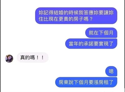 这是一张夫妻之间的即时通讯聊天记录截图，蓝色气泡为丈夫发送的消息，带女性头像的白色气泡为妻子发送的消息。丈夫首先提起结婚时曾承诺要让妻子住上比现在更贵的房子，称这个承诺下个月就要实现，妻子看到后十分惊喜，连忙询问是不是真的，最后丈夫揭晓所谓的“住更贵的房子”实际是房东通知下个月要涨房租，通过语义曲解制造了强烈的反转笑点，内容诙谐搞笑，充满反差感。